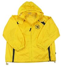 Žlto-tmavomodrá šušťáková športová jarná bunda s medvedíkmi a nápismi a ukrývací kapucňou alive