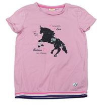 Ružové tričko s jednorožcem z překlápěcích flitrů a nápismi Kids