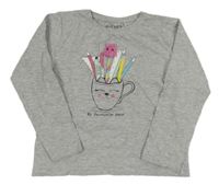 Šedé melírované triko s psacími potřebami a hrničkem BLUE SEVEN