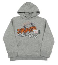 Nové - sivá melírovaná mikina so skateboardom a graffiti nápisy a vreckom a kapucňou zn. PRIMARK