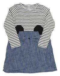 Modro-bielo-čierne riflovo/bavlněné šaty s myškou a pruhmi little kids