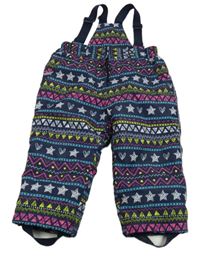 Tmavomodro-barevné vzorované šusťákové zimní oteplovačky s hvězdičkami a srdíčky a kšandami Topomini