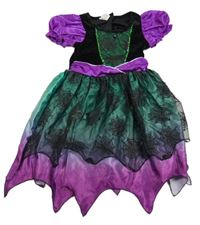 Kostým - Tmavozeleno-fialovo-černé saténovo/sametové šaty s pavučinkami a flitry 