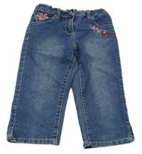 Modré šisované capri rifle s květy a kamínky manguun