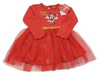 Nové - červené šaty s Minnie s vánočním motivem a puntíky a tylem Disney