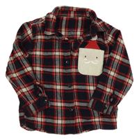 Tmavomodro-červeno-biela kockovaná vianočná košeľa so Santou/kapsou George