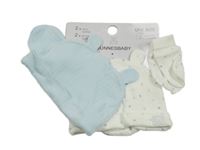 Nové - 4Set - 2x - Čepice s medvídkem a oušky - světlemodrá žebrovaná, bílá, 2x - rukavice St. Bernard