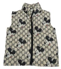 Béžovo-čierna károvaná/vzorovaná prešívaná šušťáková zateplená vesta s Mickey