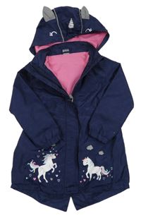 Tmavomodrá šusťáková jarní parka s jednorožci a srdíčky a kapucí Kiki&Koko