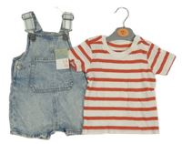 Nové - 2Set - Světlemodré plísňové riflové laclové kraťasy s kapsou + bílo/červené pruhované žebrované tričko PRIMARK
