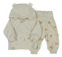 2Set - Bílá sametová propínací mikina s medvídkem a kapucí s oušky + tepláky H&M