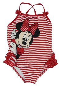 Červeno-biele pruhované jednodielne plavky s Minnie a bodkami Disney