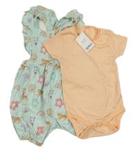 2set - Světlemodré teplákové laclové kraťasy se zvířaty + meruňkovo-bílé pruhované body Next