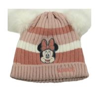 Staroružová pruhovaná rebrovaná pletená čapica s Minnie a bambulemi C&A