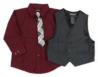 3set - Vínová košile + kostkovaná kravata + tmavošedá slavnostní vesta
