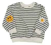 Bielo-čierna pruhovaná mikina s kvetinou a smajlíkem na rukávech Shein