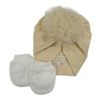 2set - Béžová žebrovaná turbanová čepice s tylem + bílé rukavičky