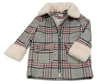Krémovo-černo-růžový kostkovaný vlněný podšitý kabát s kožešinou River Island