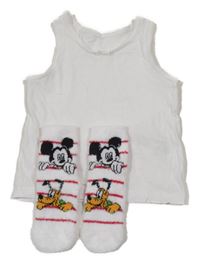 2set - Bílá košilka + bílo-červené pruhované chlupaté ponožky s Mickeym a Plutem