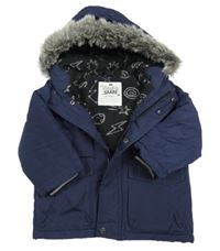 Tmavomodrá šušťáková zateplená bunda s kapucňou s kožešinou F&F