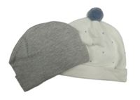 2x čepice - šedá melírovaná + bílá sametová s hviezdičkami