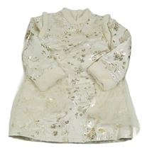 Smetanovo-zlaté květované zateplené slavnostní šaty s tylem 