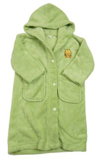 Zelený chlupatý propínací župan s kočkou a kapucí 