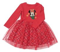 Červené žebrované šaty s Minnie a tylovou sukní a vločkami Disney