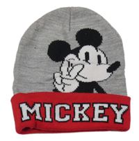 Šedo-červená pletená čepice s Mickeym 