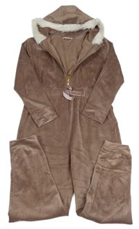Hnedá plyšová kombinéza s kapucňou s kožešinou River Island
