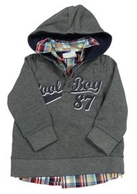 Tmavosivá mikina s nápisom a košilovým prvkem a kapucňou Topomini