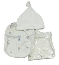 3set - biela čepice + biely podbradník so zvířátky + bílé rukavice