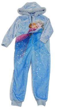Svetlomodrá plyšová kombinéza s Annou a Elsou a kapucňou s kožešinou Frozen
