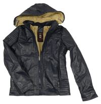 Tmavomodrá koženková zateplená bunda s kapucňou