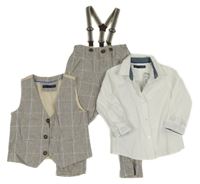 Nové - 3set - Bílá košile + béžovo-světlemodrá kostkovaná vesta + béžovo-světlemodré kostkované lněné chino kalhoty Next