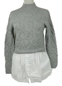 Dámský šedý svetr s bílou halenkovou vsadkou New Look 