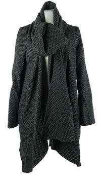 Dámský tmavošedý vzorovaný vlněný kabátový cardigán se šálou Zara 