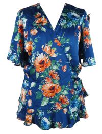 Dámská modrá květovaná saténová zavinovací halenka Lipsy 