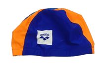 Modro-neónově oranžová plavecká čapica s nášivkou