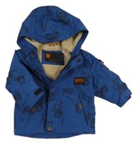 Modrá šusťáková zateplená bunda s traktory a kapucí Next