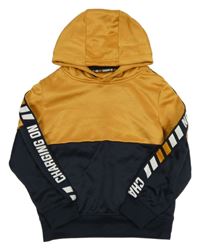 Žluto-tmavomodrá sportovní mikina s nápisem a kapucí 