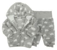 2 set - Šedo-bílá chlupatá propínací mikina s puntíky a kapucí + kalhoty Topomini