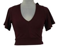 Nové - Dámské mahagonové žebrované crop tričko s průstřihem New Look