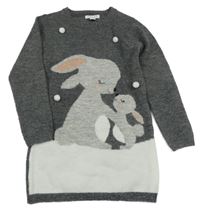 Tmavošedé pletené šaty se zajíčky a bambulkami Primark