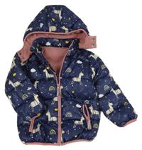 Tmavomodrá šušťáková zimná bunda s jednorožcami a kapucňou