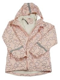 Světlerůžová nepromokavá zateplená bunda s mraky a kapucí 