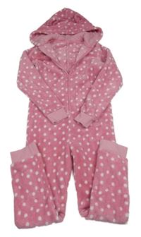 Růžová puntíkatá chlupatá kombinéza s kapucí 
