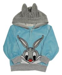 Světlemodro-sivá zamatová mikina s Bugs Bunnym a kapucňou