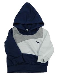 Tmavomodro-bielo-sivá mikina s dinosaurom a kapucňou