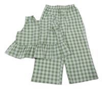 2set - Olivovo-bílé kostkované krepové kalhoty + crop halenka Shein